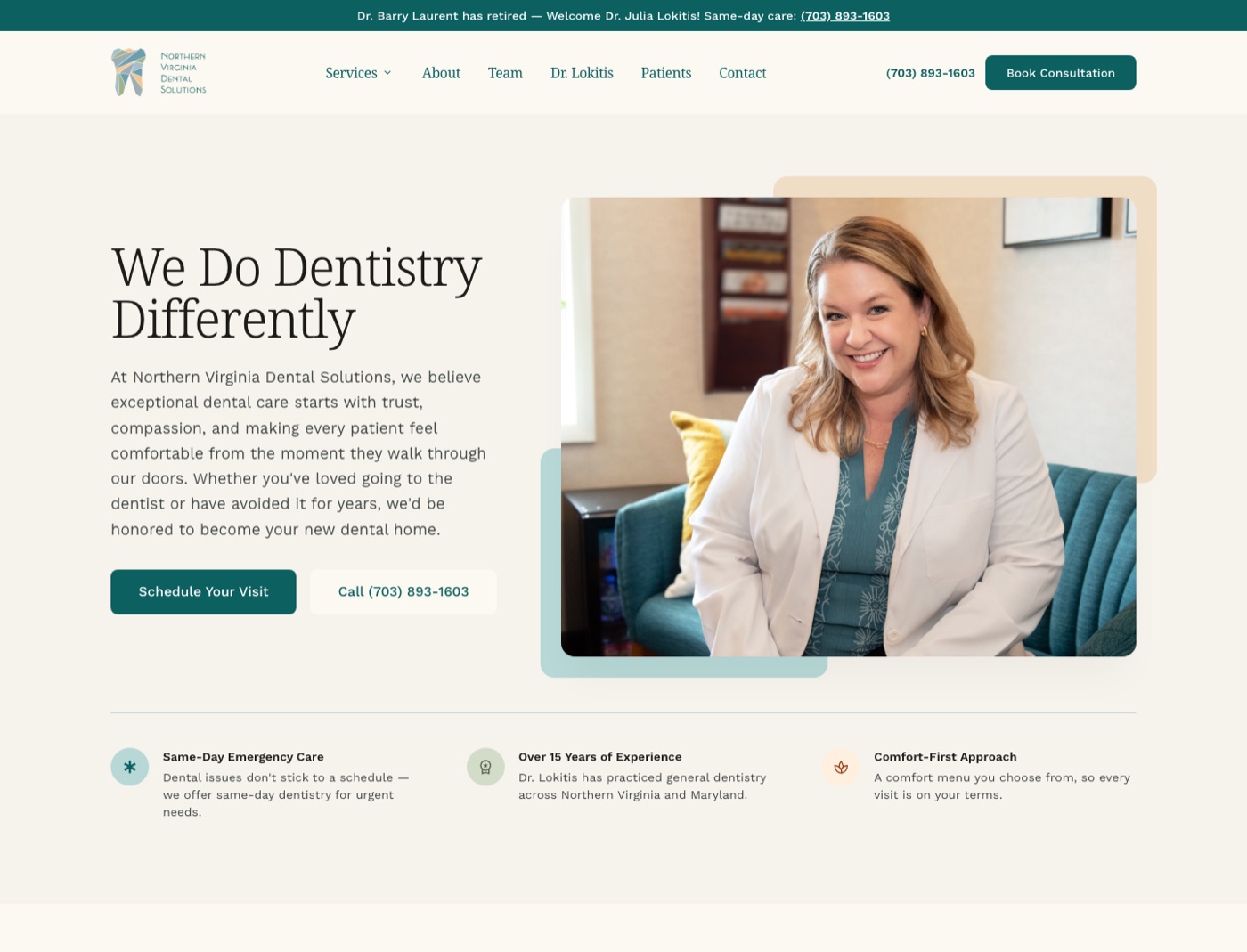 The rebuilt homepage: Dr Lokitis photographed in her own consultation room, with the practice's own words as the headline.
