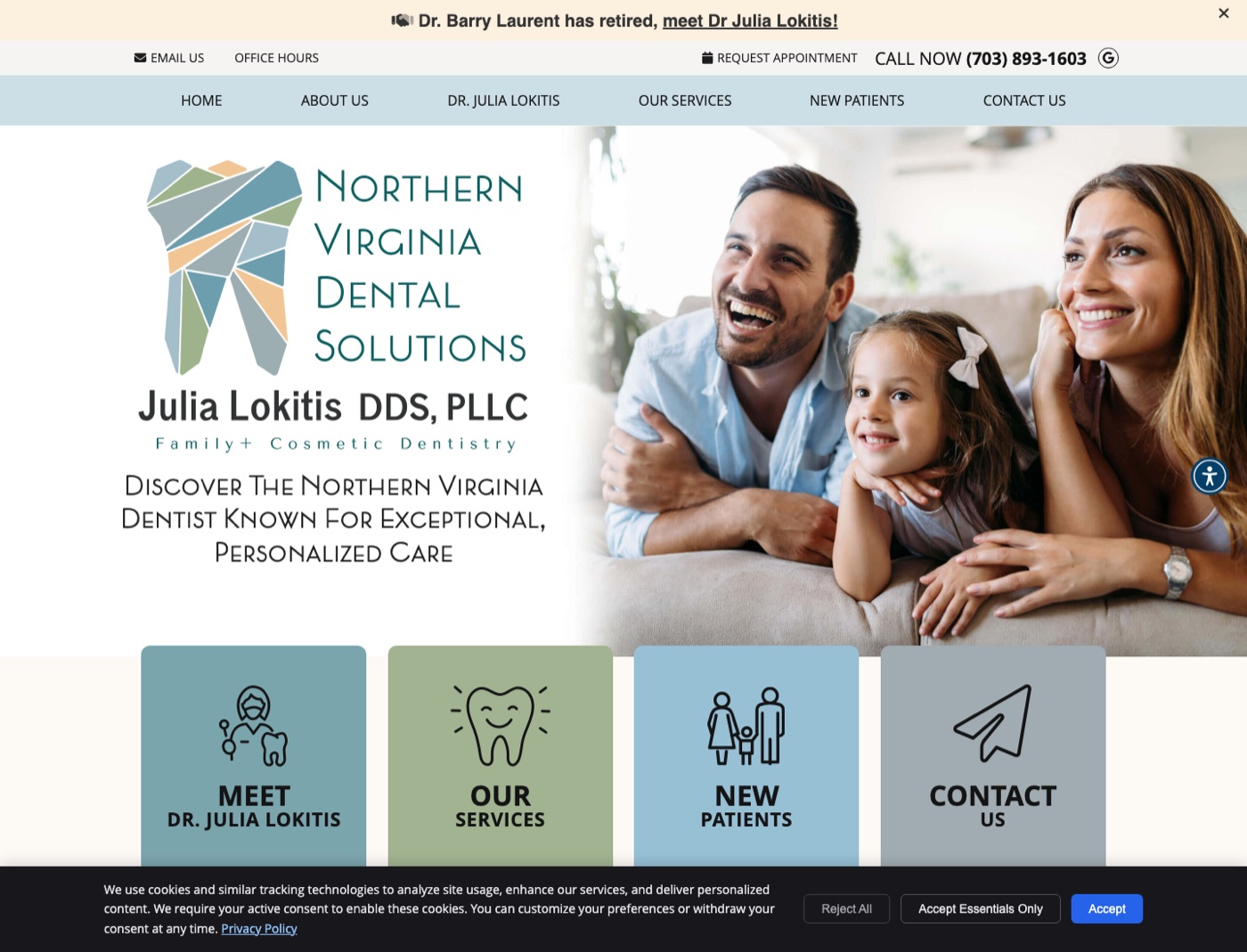 The previous Northern Virginia Dental Solutions homepage: a stock photograph of a family, four coloured navigation tiles, and an FAQ accordion.